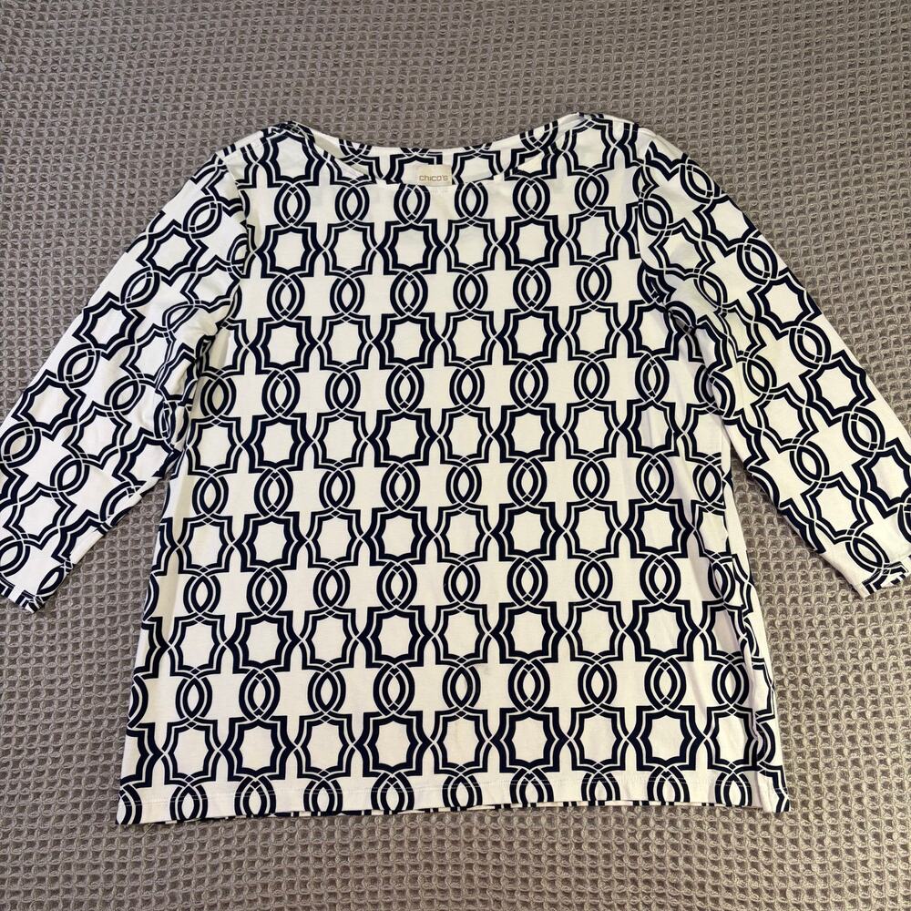 Chicos Blue White Geometric Print 3/4 Sleeve Cotton Blend Tee chicos 2/sz Large